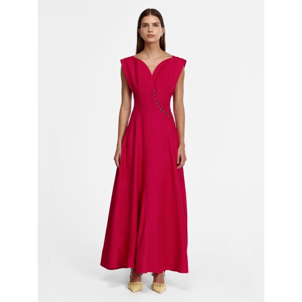 Acler Red Berry Sleeveless Fit-and-Flare MARNEY Crystal-button Maxi Dress US4